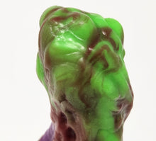 Load image into Gallery viewer, Closeup of the bulbous tip area of a three color marble "Doomstick" tentacle themed adult toy on a white background.