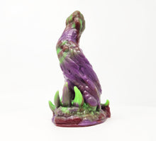 Load image into Gallery viewer, A three color marble "Doomstick" tentacle themed adult toy shown from the side on a white background.