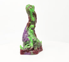 Load image into Gallery viewer, A three color marble "Doomstick" tentacle themed adult toy shown from the side on a white background.
