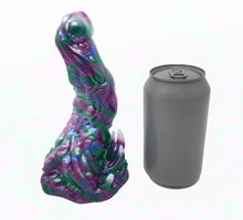 Load image into Gallery viewer, Mock up of a three color Doomstick adult toy next to a soda can for scale on a white background.