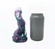 Load image into Gallery viewer, Mock up of a three color Doomstick adult toy next to a soda can for scale on a white background.