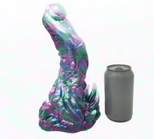 Load image into Gallery viewer, Mock up of a three color Doomstick adult toy next to a soda can for scale on a white background.