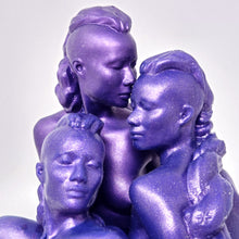 Load image into Gallery viewer, A photo from the chest up of three silicone penetratable sculptures of Jet Setting Jasmine in dark, shimmery purple enjoying each other&#39;s company, on a white background.
