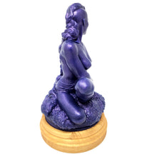 Load image into Gallery viewer, A silicone penetratable sculpture of Jet Setting Jasmine facing backwards in dark, shimmery purple sitting on her gold stand silicone base, on a white background.
