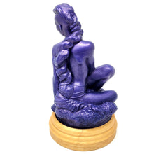 Load image into Gallery viewer, A silicone penetratable sculpture of Jet Setting Jasmine facing backwards in dark, shimmery purple sitting on her gold stand silicone base, on a white background.
