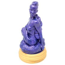 Load image into Gallery viewer, A silicone penetratable sculpture of Jet Setting Jasmine facing forwards in dark, shimmery purple sitting on her gold stand silicone base, on a white background.