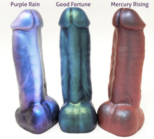 Load image into Gallery viewer, Side view of three King Noire dual-density insertable adult toys on an off white background