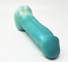 Load image into Gallery viewer, A highly custom sparkling teal and blue glow in the dark King Noire insertable toy on an off white background
