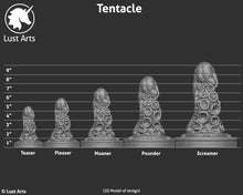 Load image into Gallery viewer, A 3D image sizing chart for the Tentacle showing relative height and width of the different sizes