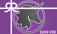 Load image into Gallery viewer, $300 Gift card background with Lust Arts unicorn head logo under a graphic ribbon