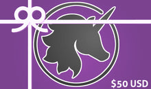 Load image into Gallery viewer, $50 Gift card background with Lust Arts unicorn head logo under a graphic ribbon