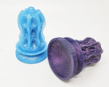 Load image into Gallery viewer, A glittery blue and a deep purple Thruster Suction Cup Handle on a white background
