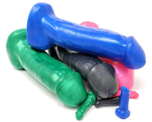 Load image into Gallery viewer, Four solid color King Noire toys in Electric Blue, Sparkling Black, Money Green, and Please You Pink with matching mini charm versions