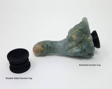 Load image into Gallery viewer, Photo of a Mosswood Dragon fantasy-themed adult toy with an Attached Suction Cup next to a Double-Sided Suction Cup