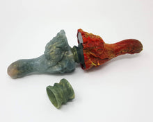 Load image into Gallery viewer, Photo of two Mosswood Dragon fantasy-themed adult toy end to end using a Double-Sided Suction Cup next to a Double-Sided Suction Cup - Double Dragon!