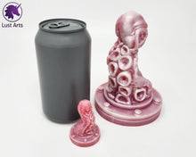 Load image into Gallery viewer, Preview photo of a pre-made Tentacle adult toy next to a mini version and a standard size soda can for scale
