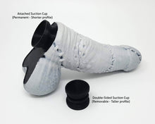Load image into Gallery viewer, Frank's Monster horror/literary-themed adult toy in color Film White shown with an Attached Suction Cup base next to a Double-Sided Suction Cup