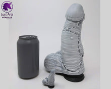 Load image into Gallery viewer, Preview photo of pre-made toy and mini charm next to a standard size soda can for scale