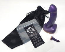 Load image into Gallery viewer, FEMDOM dual density insertable and mini charm with resealable plastic packaging and black satin drawstring bag on a white background