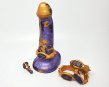 Load image into Gallery viewer, Largest Duchess size Royal Fetish FEMDOM insertable solid adult toy with edging body band on a white background with a 2 inch mini charm version and 3 additional stacked bands