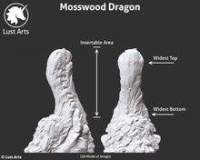 Load image into Gallery viewer, Sizing image for the Mosswood Dragon fantasy-themed adult toy using a 3D model to show insertable and widest areas