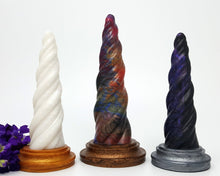 Load image into Gallery viewer, Three different Original Colors of Unicorn Horn insertable toys with purple flowers on a white background