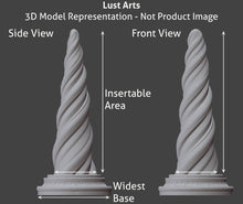 Load image into Gallery viewer, Chart showing a 3D representation of the Unicorn Horn adult toy from Lust Arts with notes showing approximate measurement areas