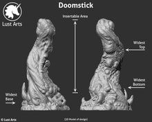 Load image into Gallery viewer, A 3D image sizing chart for the Doomstick showing insertable and widest areas
