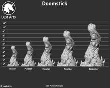 Load image into Gallery viewer, A 3D image sizing chart for the Doomstick showing relative height and width of the different sizes
