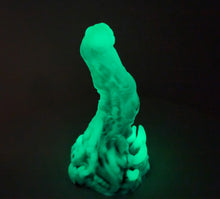 Load image into Gallery viewer, Photo showing glow in the dark coated color &quot;Doomstick&quot; tentacle themed adult toy shown from the side.
