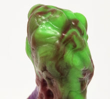 Load image into Gallery viewer, Closeup of the bulbous tip area of a three color marble &quot;Doomstick&quot; tentacle themed adult toy on a white background.
