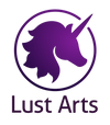 The studio name Lust Arts below their graphic unicorn head from the side in a circle logo