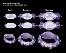 Load image into Gallery viewer, 3D renders of the Edging Body Band, showing the three size comparisons and examples of text and Braille
