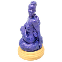 Load image into Gallery viewer, A silicone penetratable sculpture of Jet Setting Jasmine facing forwards in dark, shimmery purple sitting on her gold stand silicone base, on a white background.
