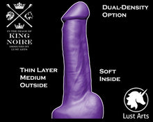 Load image into Gallery viewer, A 3D render showing the thin outer layer of medium on King Noire&#39;s dual density insertable adult toy
