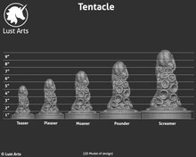 Load image into Gallery viewer, A 3D image sizing chart for the Tentacle showing relative height and width of the different sizes
