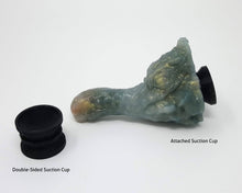 Load image into Gallery viewer, Photo of a Mosswood Dragon fantasy-themed adult toy with an Attached Suction Cup next to a Double-Sided Suction Cup
