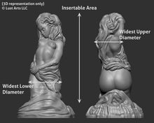 Load image into Gallery viewer, Chart showing a 3D representation of the Mermaid adult toy from Lust Arts with notes showing approximate measurement locations
