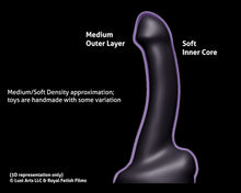 Load image into Gallery viewer, A 3D render side view of the FEMDOM insertable toy&#39;s thin outer layer of Medium density silicone on top of the main Soft density
