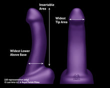 Load image into Gallery viewer, 3D rendered chart showing a side and front view of FEMDOM insertable toy with arrows to show where measurements are taken
