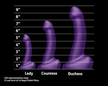 Load image into Gallery viewer, 3D rendered chart showing a side view of all three FEMDOM insertable toy sizes on an inch scale chart

