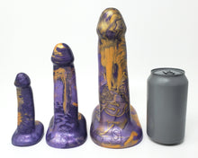 Load image into Gallery viewer, Front view of three size line up of Royal Fetish FEMDOM insertable adult toys on a white background with a soda can for scale
