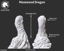 Load image into Gallery viewer, Sizing image for the Mosswood Dragon fantasy-themed adult toy using a 3D model to show insertable and widest areas
