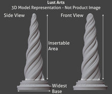 Load image into Gallery viewer, Chart showing a 3D representation of the Unicorn Horn adult toy from Lust Arts with notes showing approximate measurement areas
